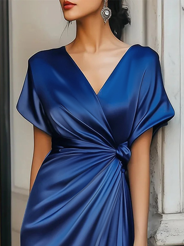 Loose Short Sleeves Asymmetric Solid Color Split-Joint V-Neck Evening Dresses Maxi Dresses