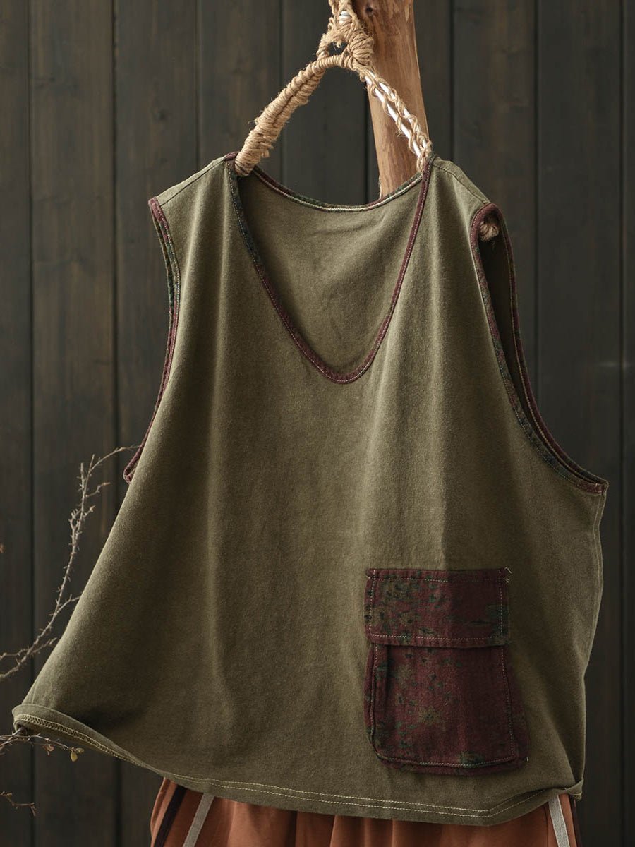 Plus Size Women Summer Vintage Colorblock V-Neck Cotton Vest