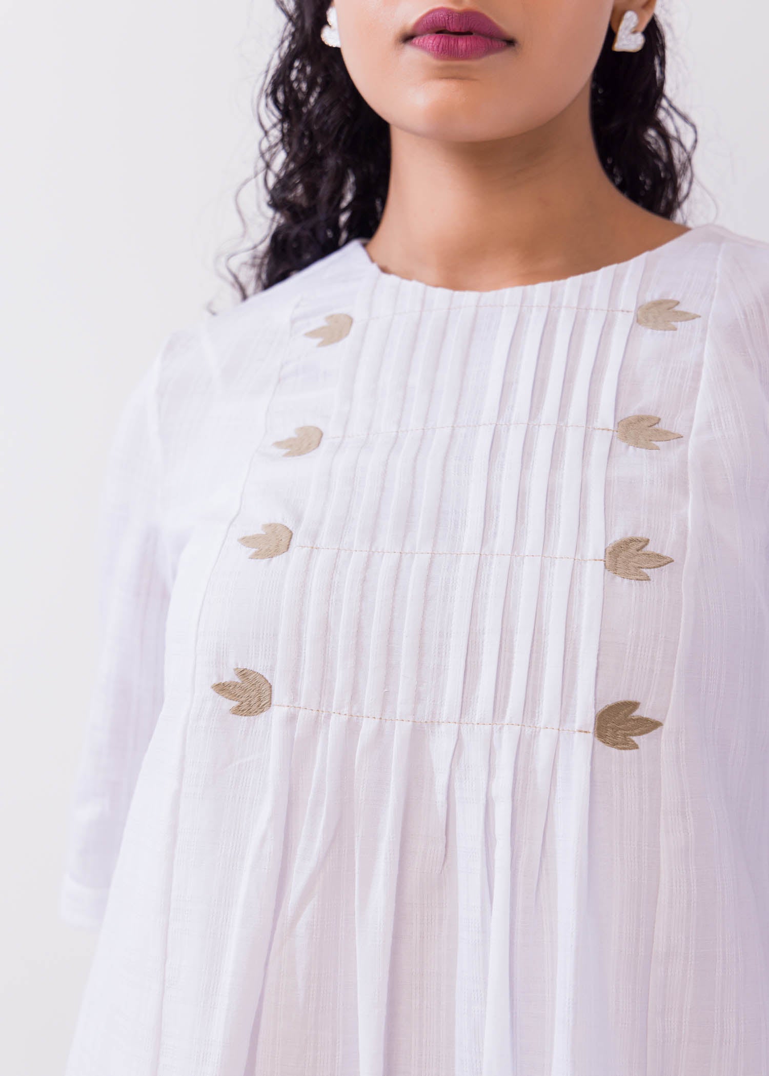 Pin Tuck Detail Dress With Embroidery