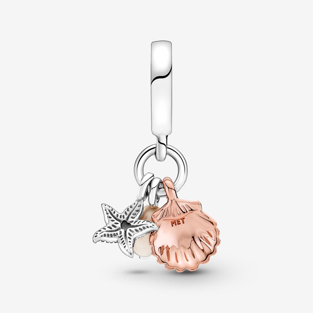 Freshwater Cultured Pearl. Starfish. & Shell Triple Dangle Pandora Charm