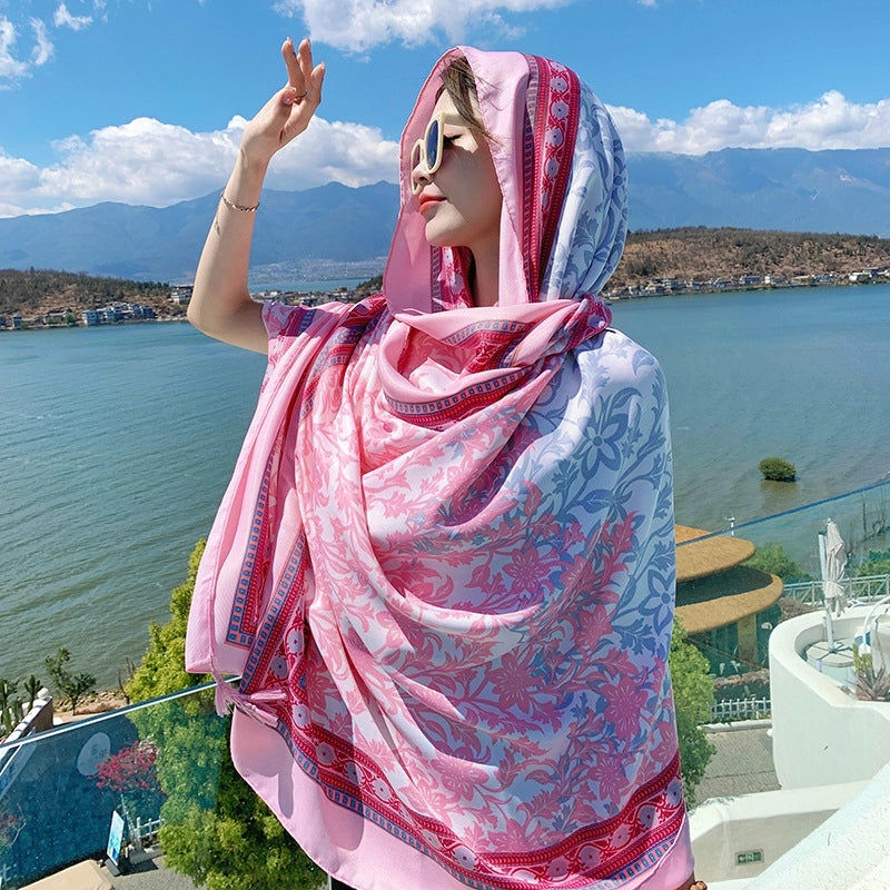 Silk Scarf Women's Summer Seaside Beach Sunscreen Shawl Scarf Dual-use  Long Ethnic Style Plus Size Travel Silk Scarf