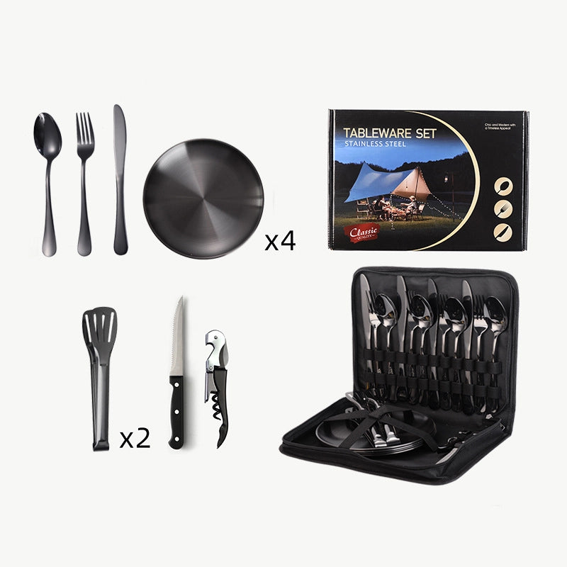 Outdoor Travel Stainless Steel Tableware Camping Picnic Barbecue Plate Clip Steak Knife. Fork And Spoon Suit Portable Storage Bag