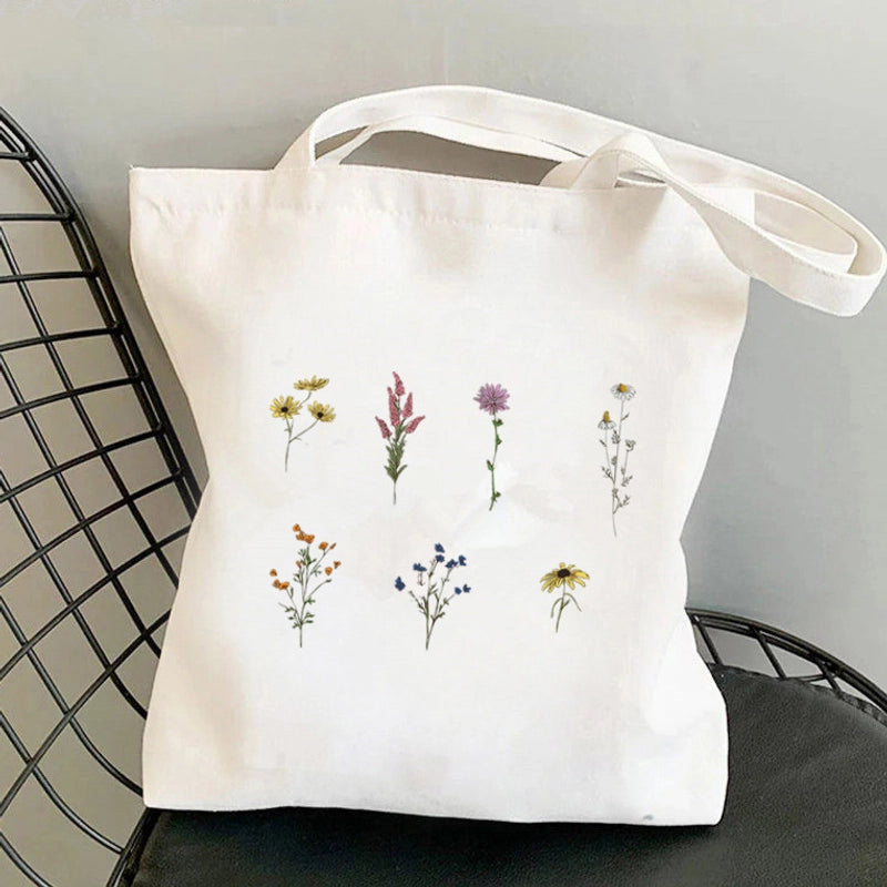 Women's Medium Canvas Flower Basic Classic Style Square Open Canvas Bag