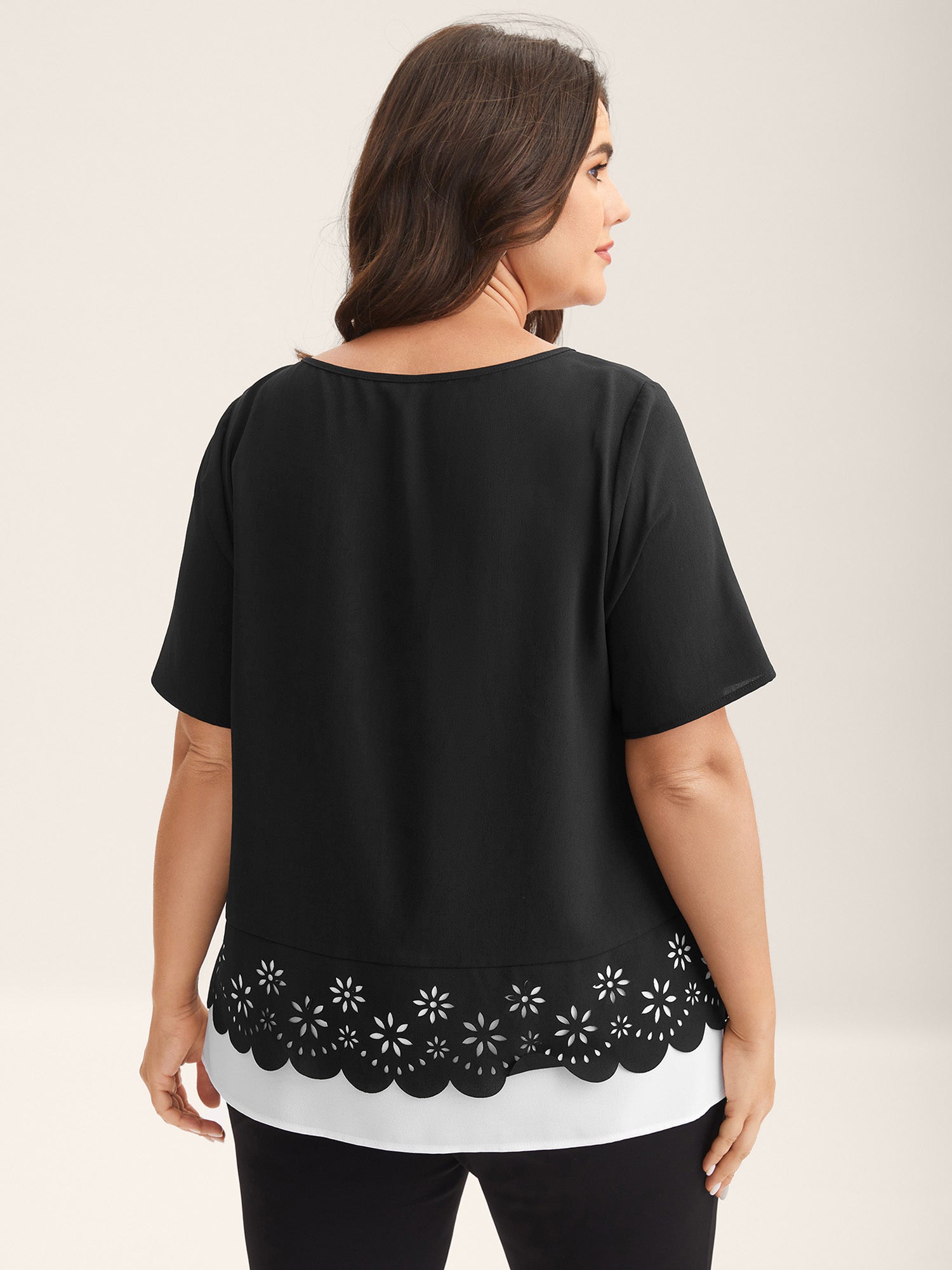 Laser Cut Patchwork Round Neck Blouse
