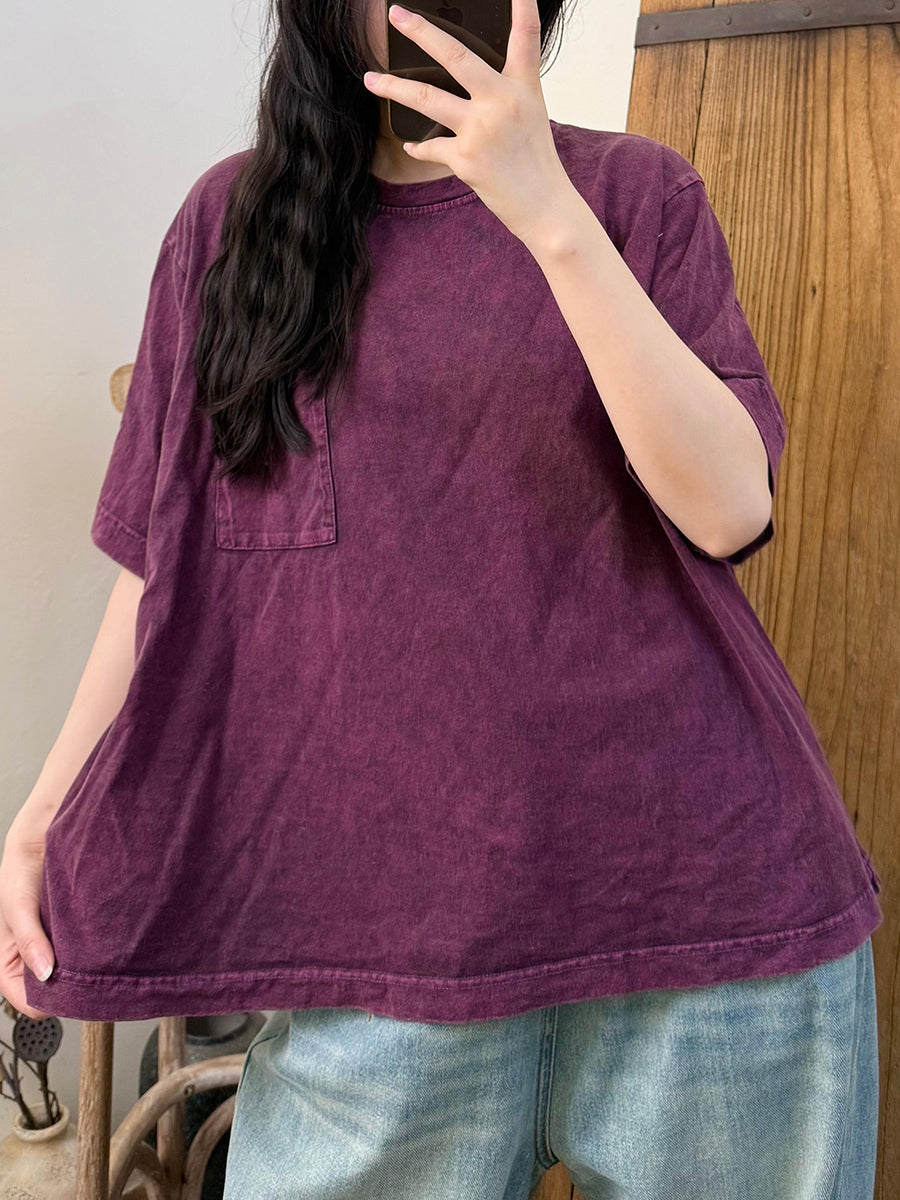 Women Summer Retro Pure Color Cotton O-Neck Shirt