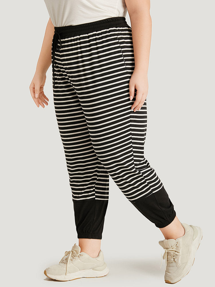 Striped Patchwork Elastic Waist Pocket Ties Sweatpants