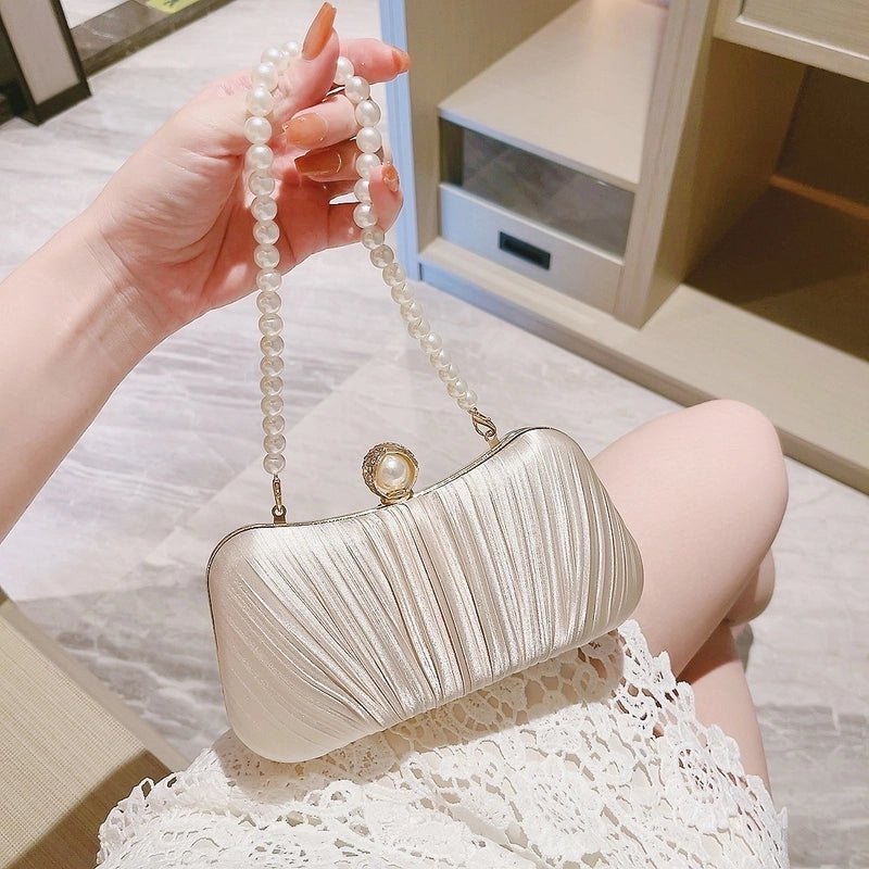 Women's Silk Solid Color Classic Style Streetwear Rhinestone Pearls Square Lock Clasp Crossbody Bag