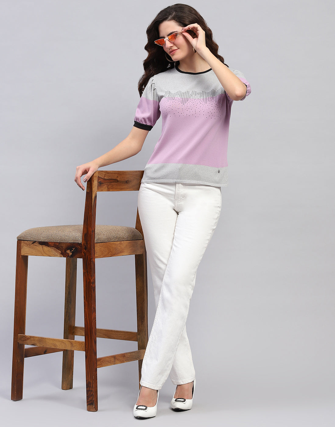 Women Grey Colourblocked Round Neck Half Sleeve Top