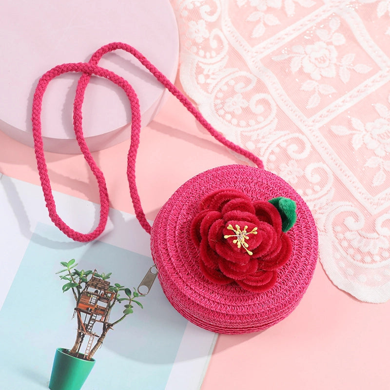 Women's Small Straw Solid Color Flower Vacation Beach Weave Round Zipper Straw Bag