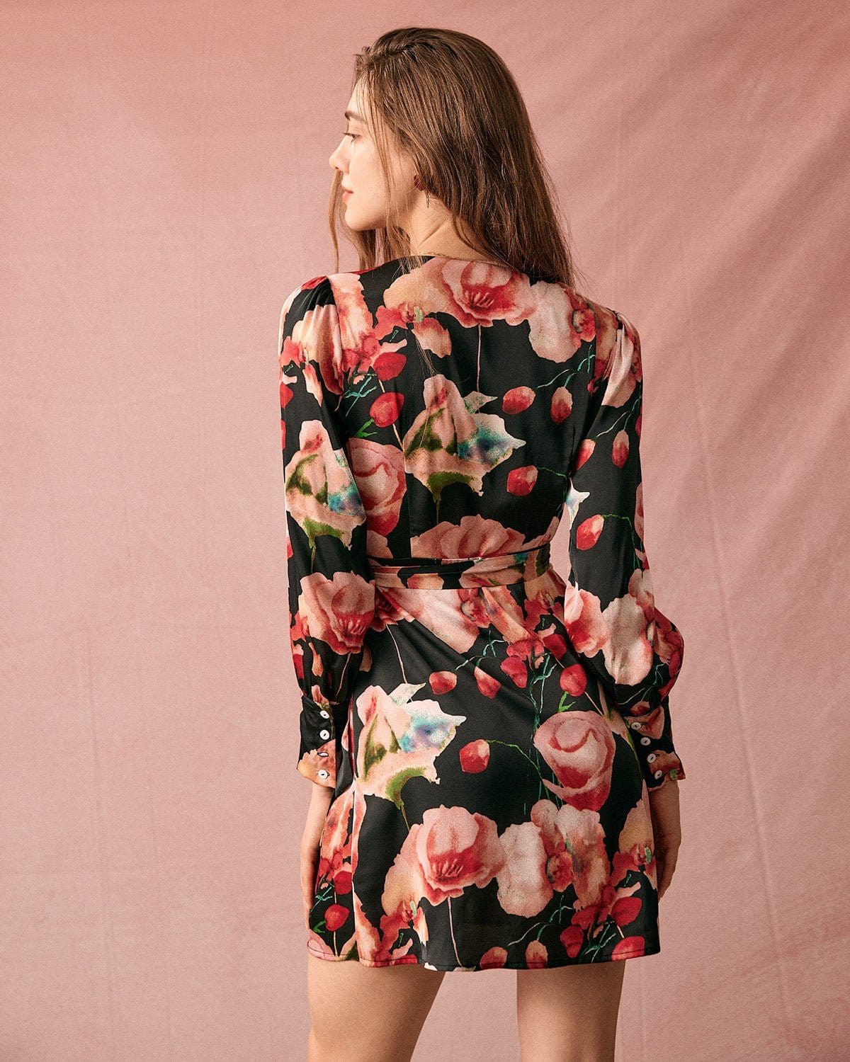 The V Neck Long Sleeve Floral Wrap Mini Dress