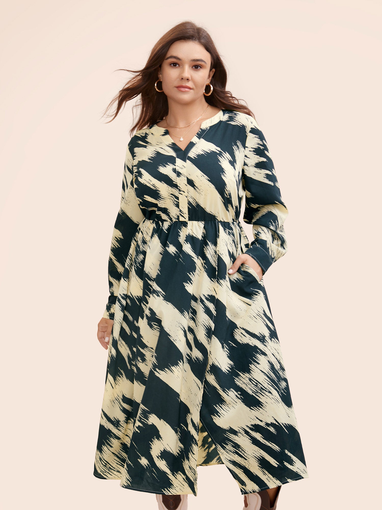 Brush Print Notched Collar Midi Dress