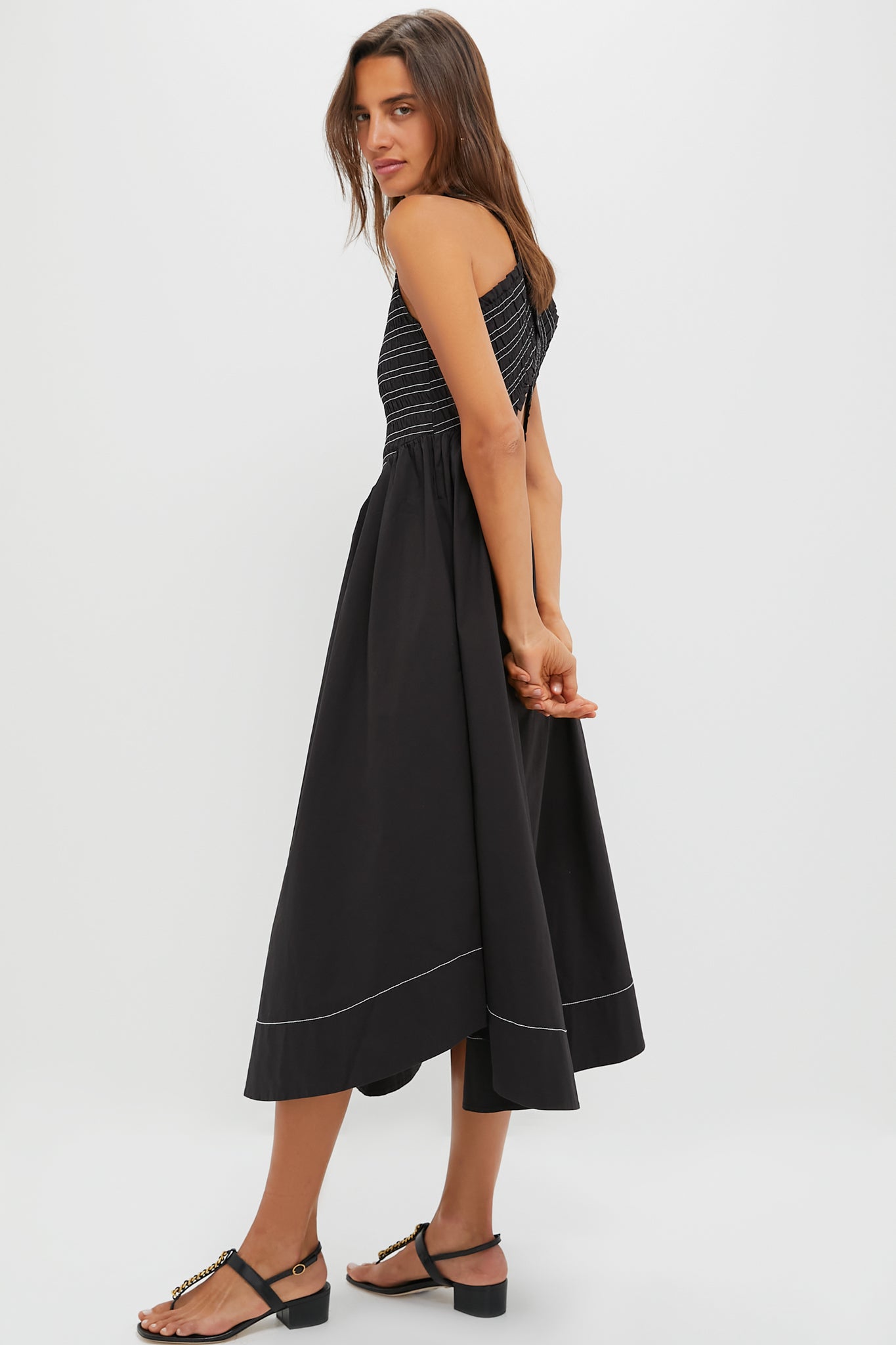 Black Washed Stretch Cotton Smock Midi Dress