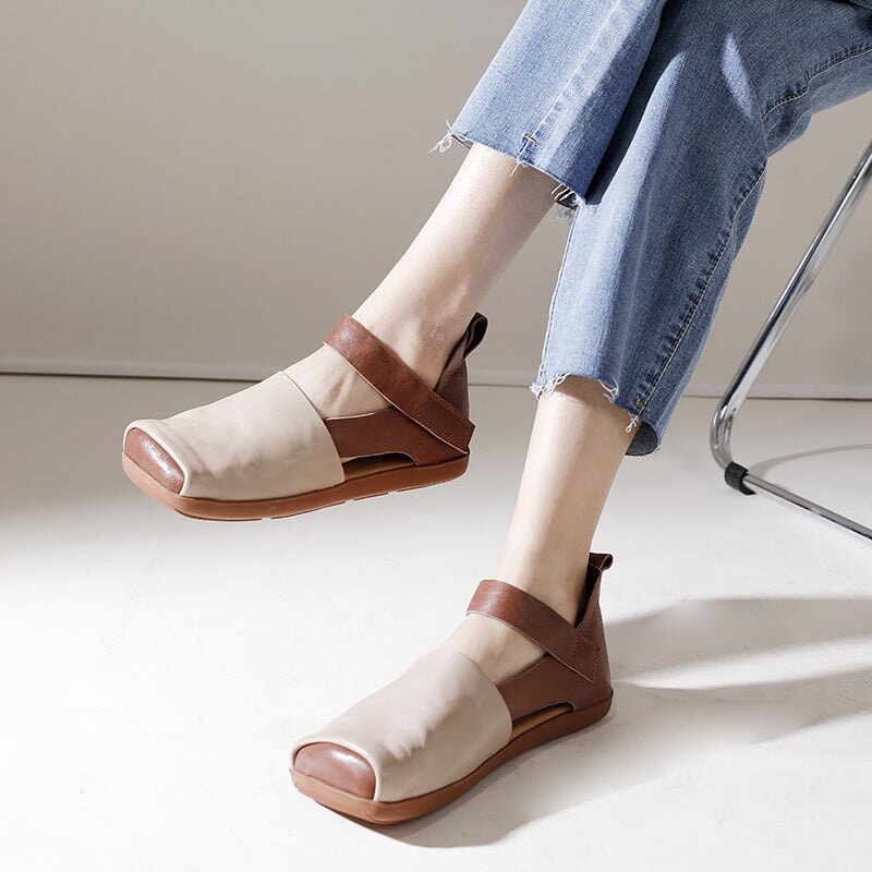 Leather Sandals Square Toe Touch-strap in Brown/Beige/Black