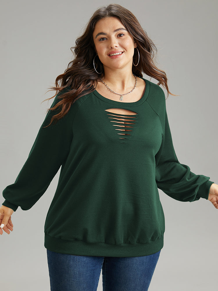 Solid Rib Knit Cut Out Raglan Sleeve Sweatshirt