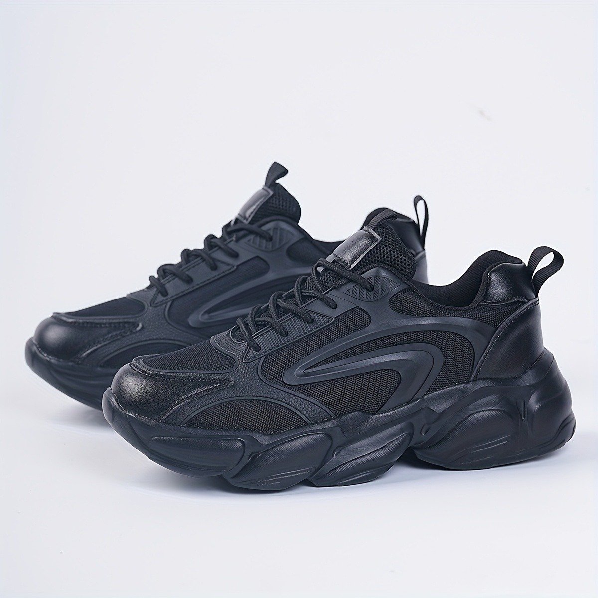 2025 New Men's Chunky Platform Sneakers - Black EVA & Fabric Low-Top Casual Shoes with Lace-Up Closure, Breathable Comfort for Running, Daily Wear & Street Style