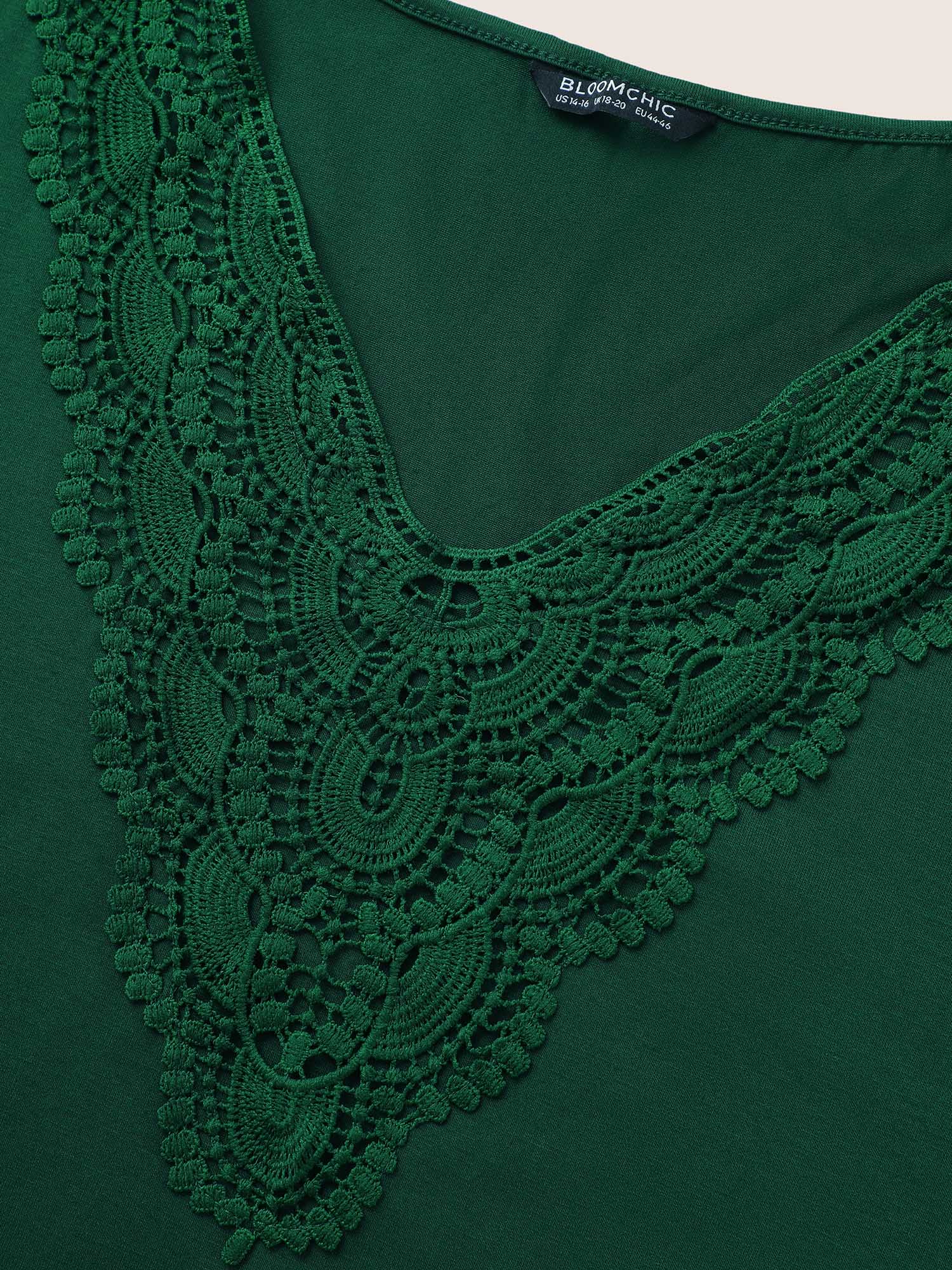 Solid Ruffle Sleeve Lace V Neck T-shirt