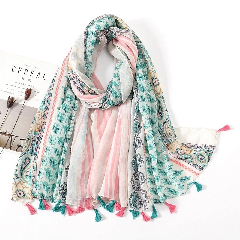 Women'S Sweet Flower Cotton And Linen Tassel Scarf