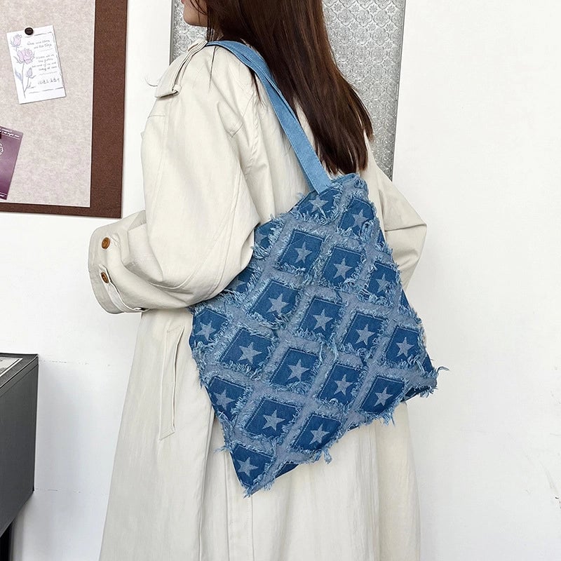 Women's Denim Star Classic Style Square Zipper Tote Bag