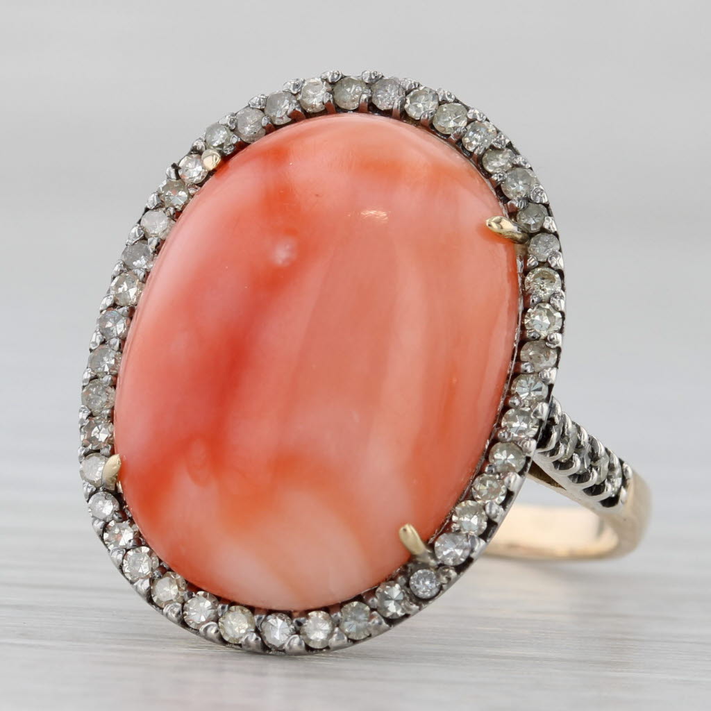 Coral Cabochon Diamond Halo Ring 14k Yellow Gold Silver Size 8
