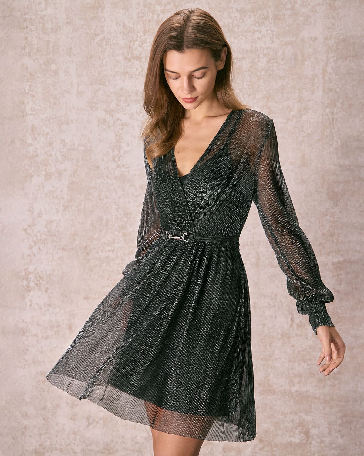 The Black V Neck Lurex Wrap Mini Dress