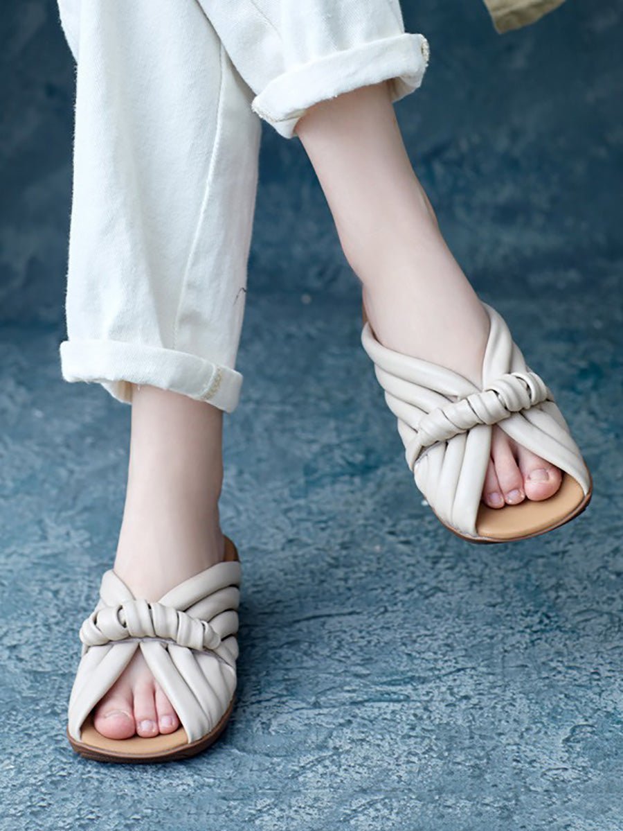 Women Summer Casual Genuine Leather Spliced Slippers