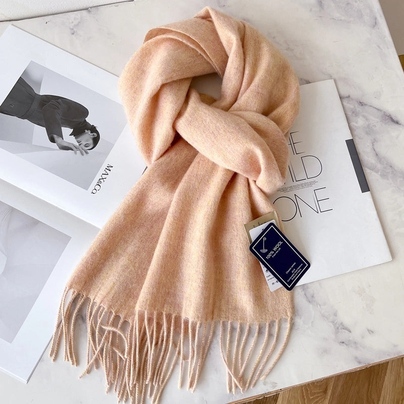 White Pure Wool Scarf Female Winter Student Warm Scarf New Versatile Tassel Narrow Scarf Couple