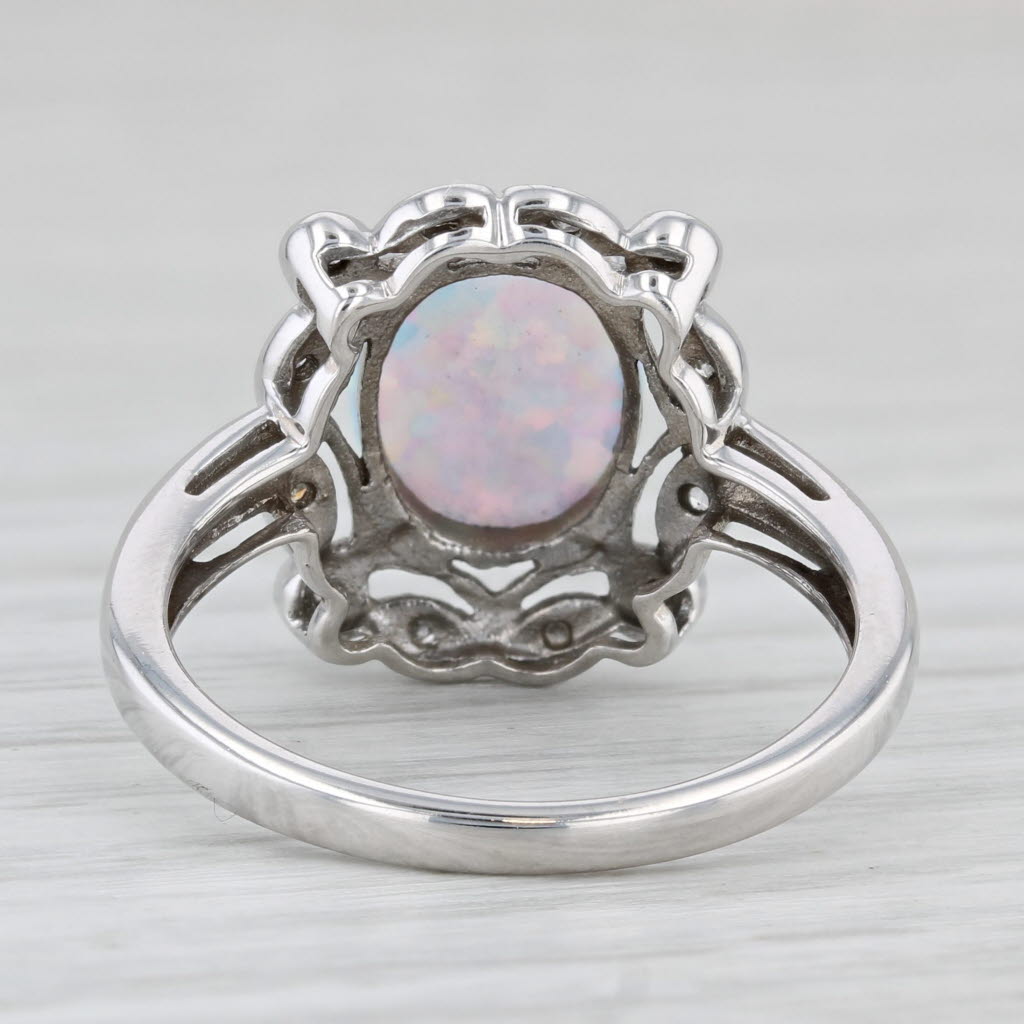 Lab Created Opal Diamond Halo Ring 10k White Gold Size 7.25 Oval Cabochon