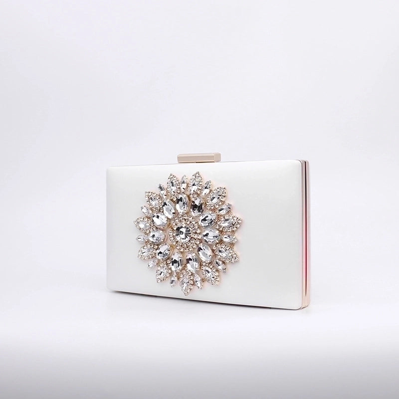 White Red Black Pu Leather Flower Rhinestone Square Evening Bags