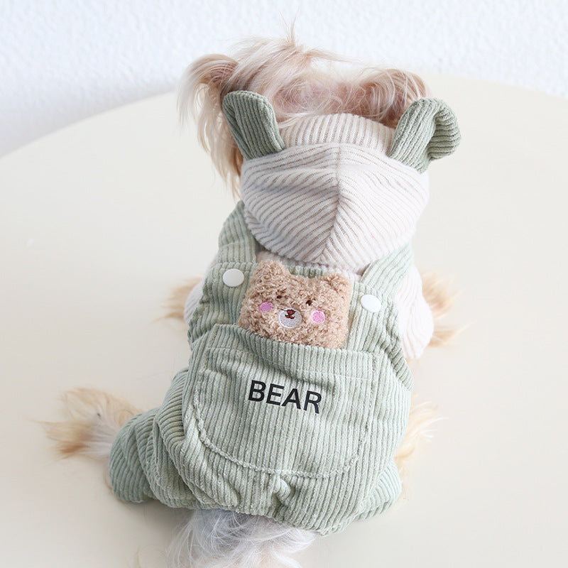 Corduroy Bear Decor Hooded Dog Jumpsuits