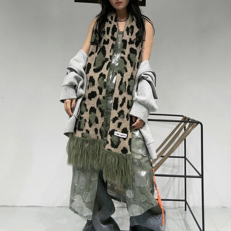 Women's Vintage Style Leopard Fleece Tassel Scarf