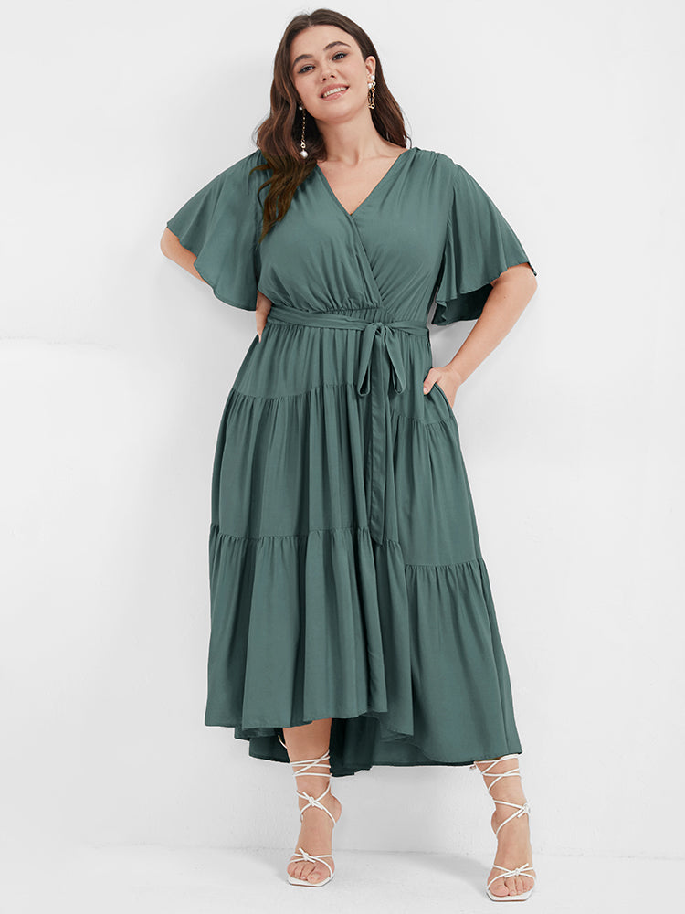 Solid Button Pocket Belted Ruffles Wrap Midi Dress