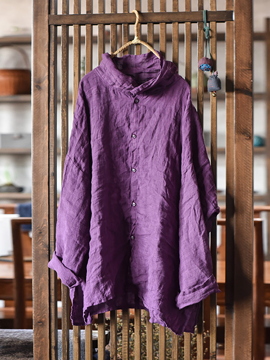 Women Vintage Spring Pure Color Turtleneck Linen Shirt