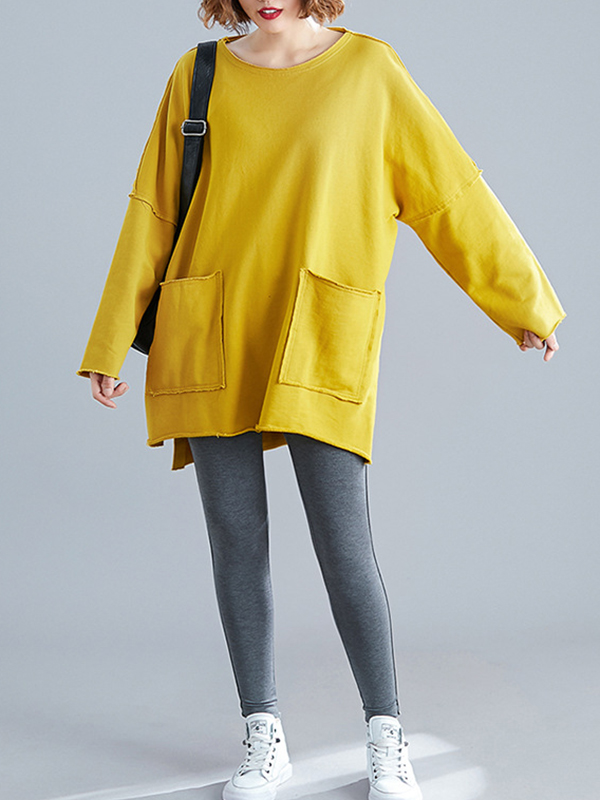 High-Low Long Sleeves Pockets Solid Color Split-Joint Split-Side Round-Neck Sweatshirt Tops