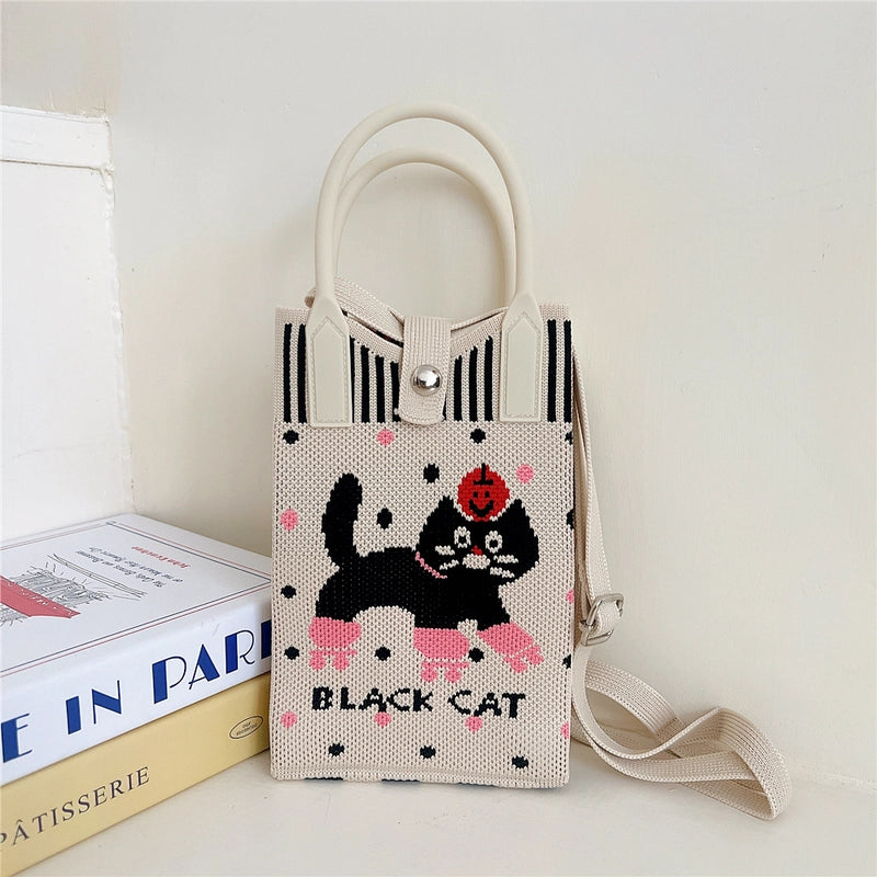 Women's Small Knit Cat Vintage Style Classic Style Bucket Buckle Handbag