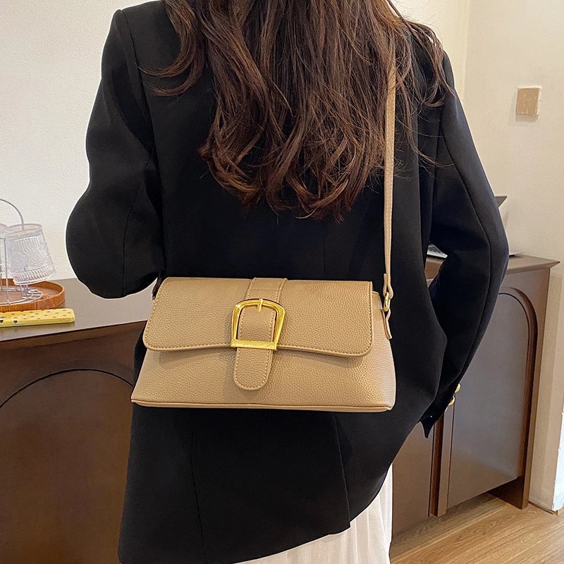 Women's Medium Pu Leather Solid Color Classic Style Sewing Thread Square Magnetic Buckle Shoulder Bag