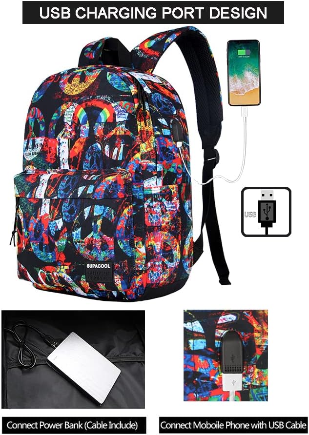 SUPACOOL Casual Laptop Backpack for Men and Women, School Backpack for Boys and Girls, College Bookbag, USB Charging Port, Lightweight Back Pack(Black)