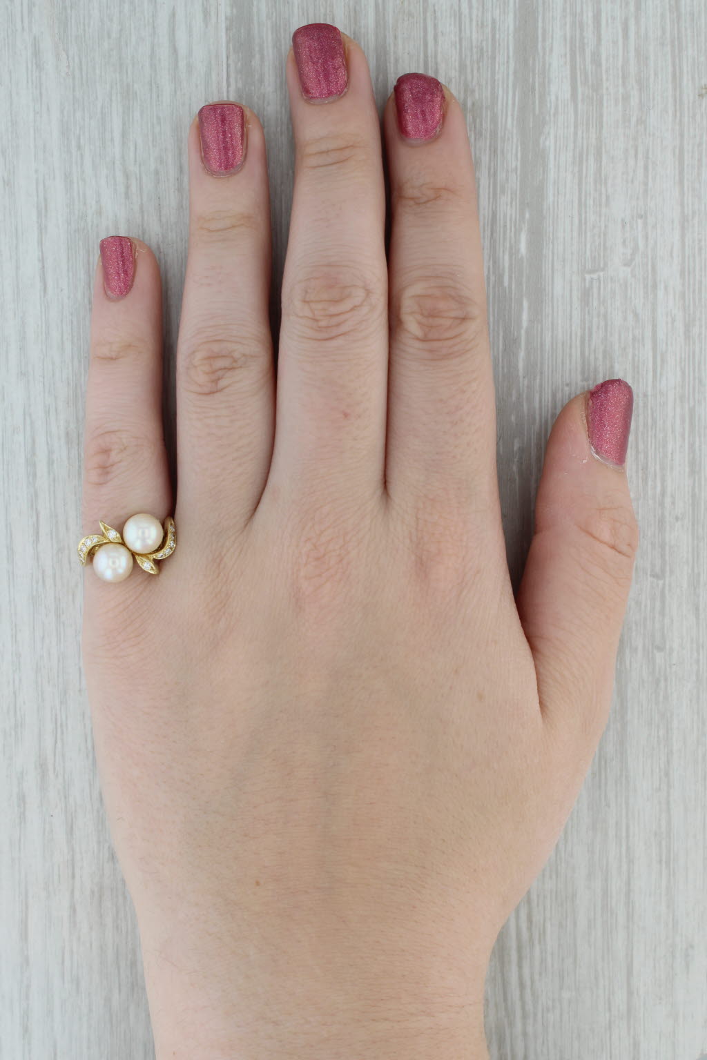 Two Cultured Pearls 0.12ctw Diamond Bypass Ring 18k Yellow Gold Size 7.75