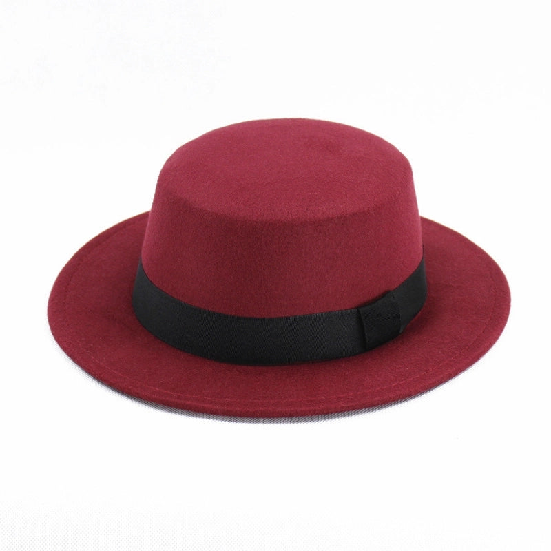 Hat Women's  Woolen Top Hat Autumn And Winter Black Vintage Gentleman  Flat Top Bow Top Hat Felt Hat