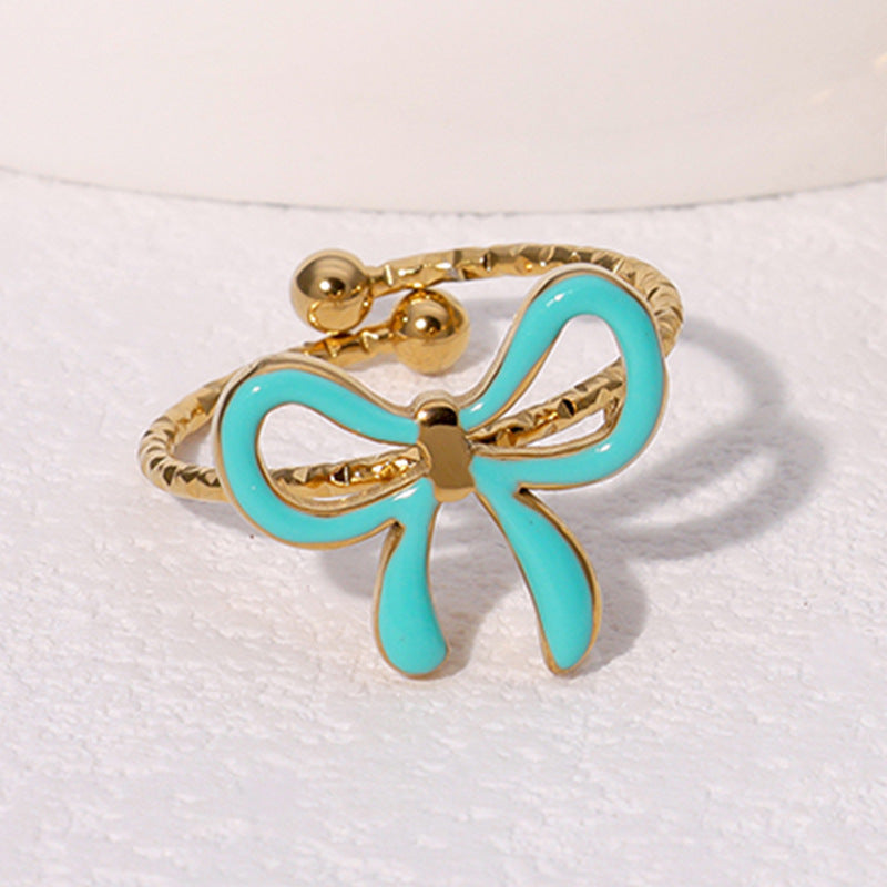 Fashionable Simple Cute Sweet Ins-Style Gold-Plated Bow-Knot Open Stainless Steel Ring Jewelry For Women