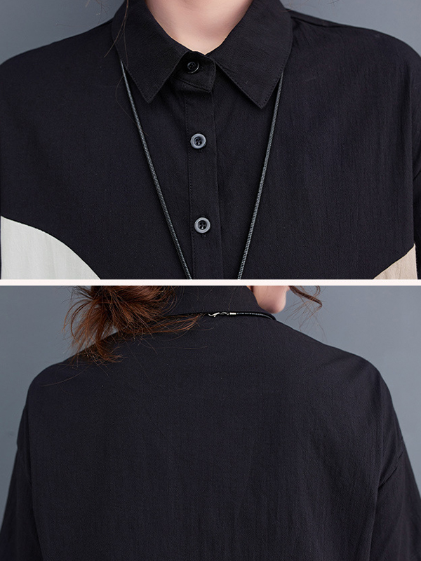 Loose Oversize Color-Block Contrast Color Split-Joint Lapel Midi Dresses Shirt Dress
