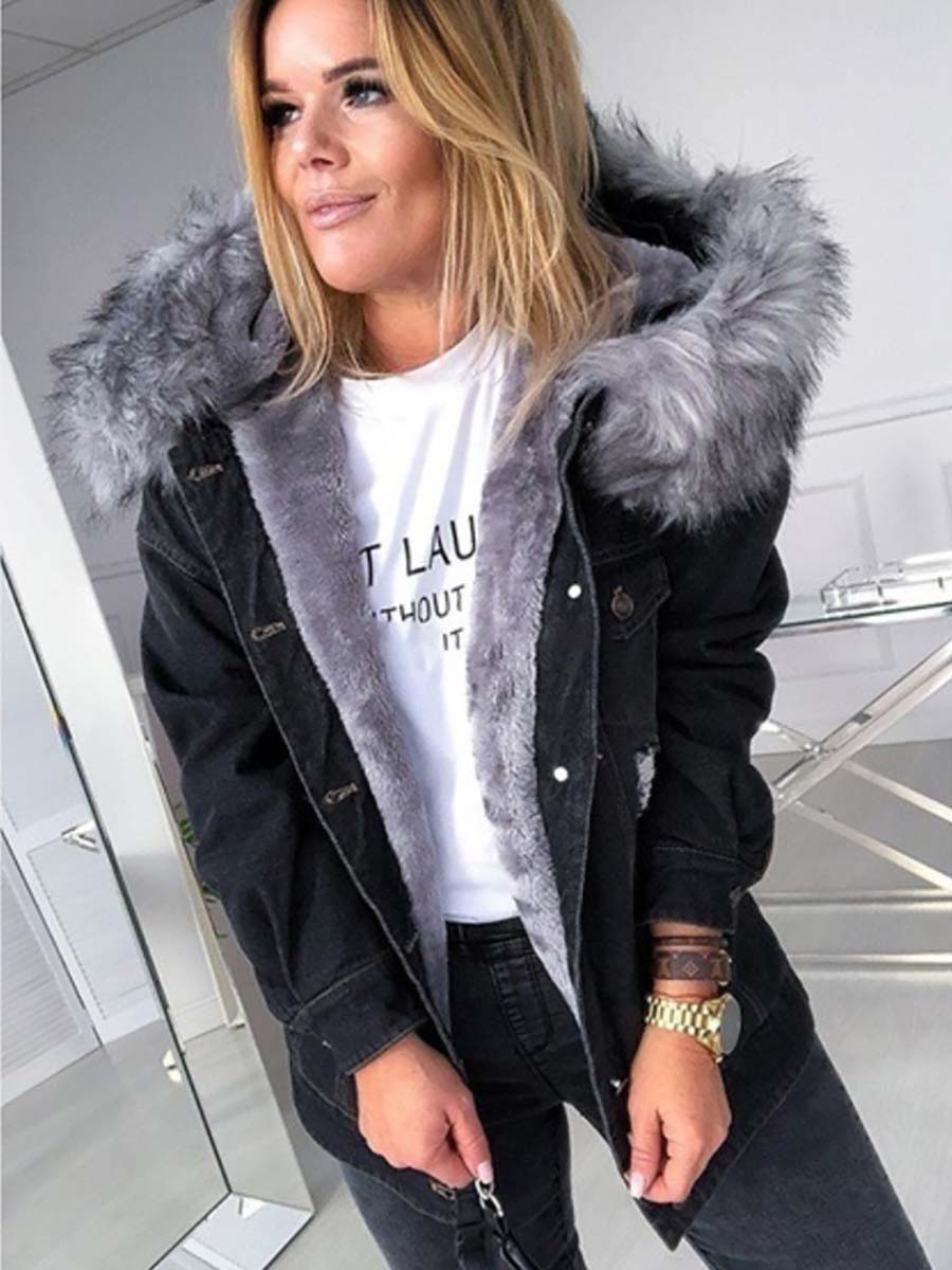 Padded Warm Hole Large Fur Collar Denim Jacket(4 colors)