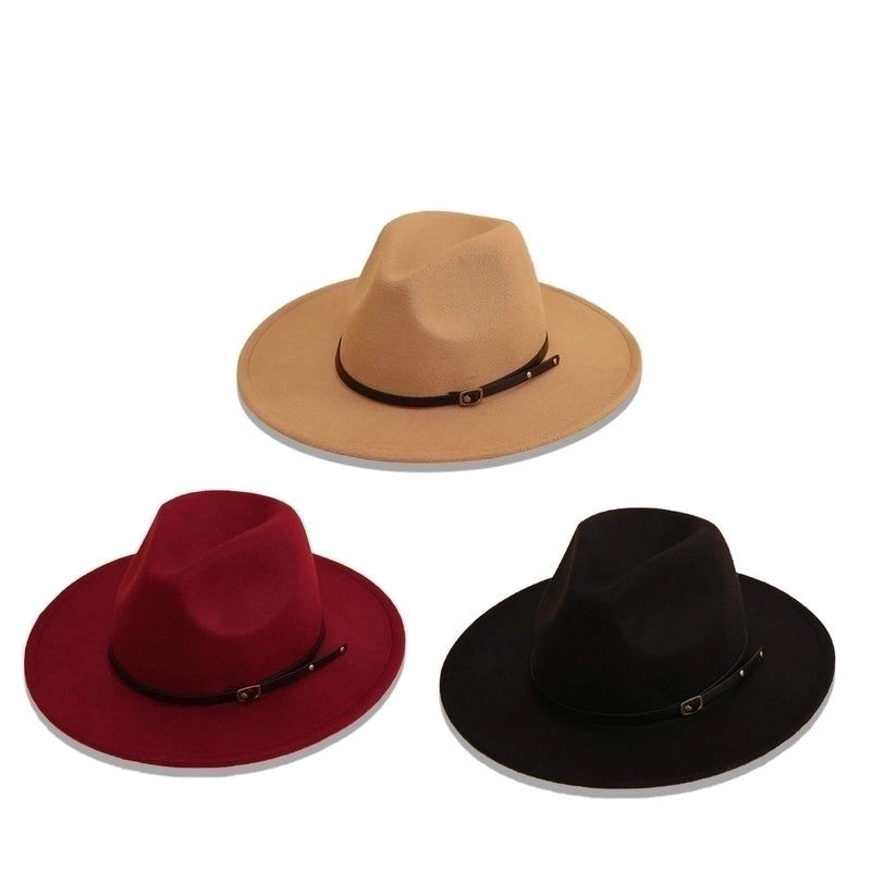 Wine Red Hat New Belt Word Buckle Top Hat Autumn And Winter Woolen Jazz Hat Wide-brimmed Sun Hat