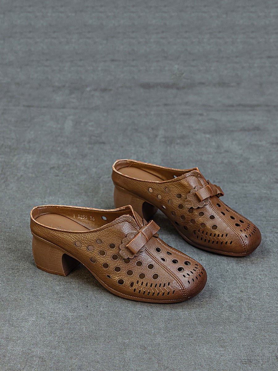 Women Summer Genuine Leather Hollow Out Mid Heel Slippers