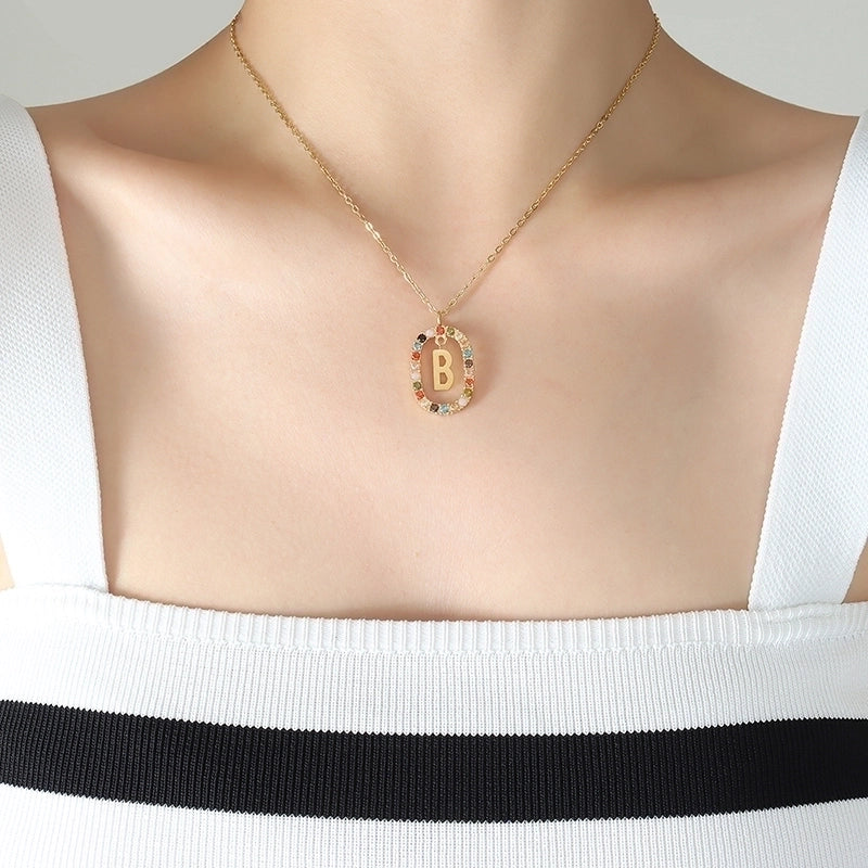 INS Style Letter Oval Titanium Steel Zircon 18K Gold Plated Inlay Necklace