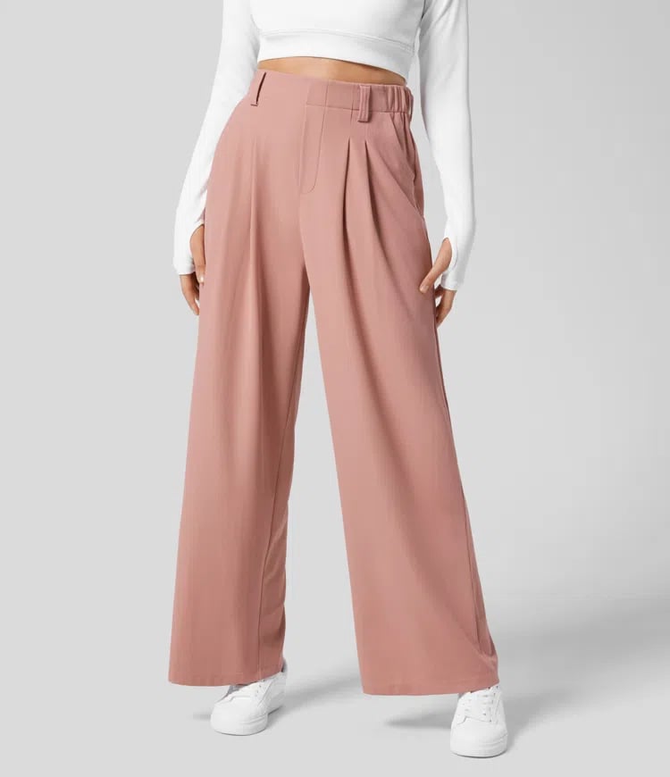 High Waisted Plicated Side Pocket Wide Leg Waffle Work Pants