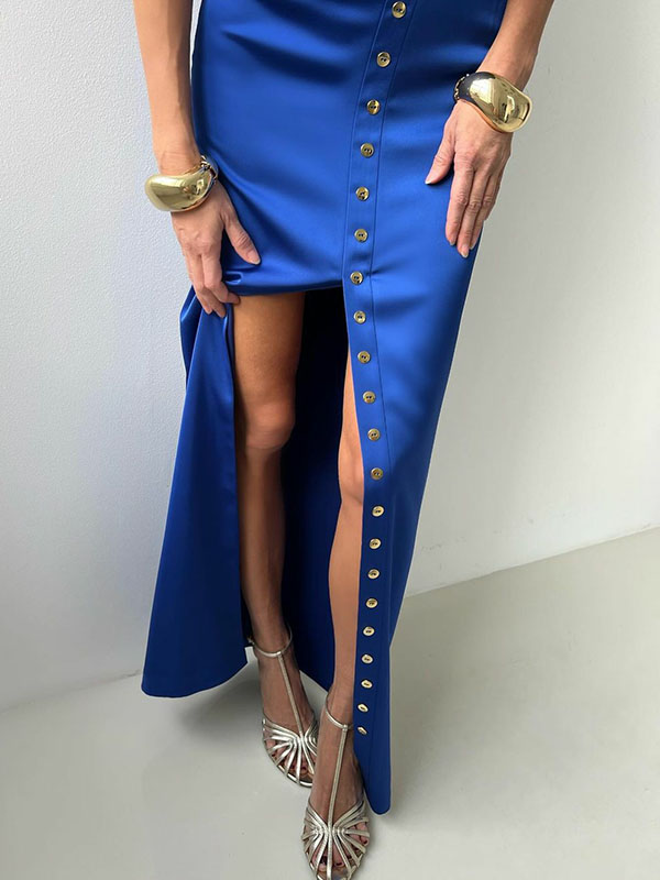 Sleeveless Buttoned Solid Color Split-Front Heaps Collar Tank Top&Skirts Bottoms  Two Pieces Set