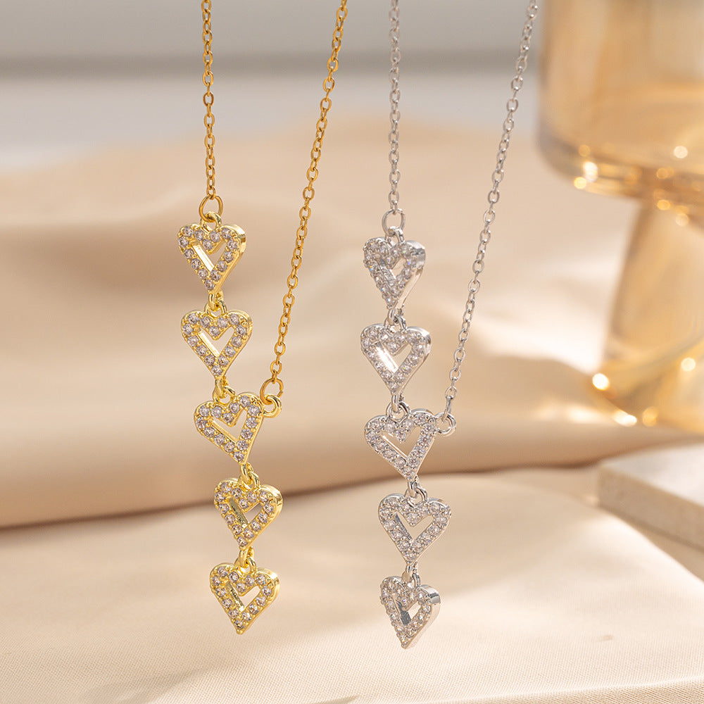 Tassel Heart Full Diamond Titanium Steel Necklace For Women Fresh And Sweet Style Five Heart Clavicle Chain