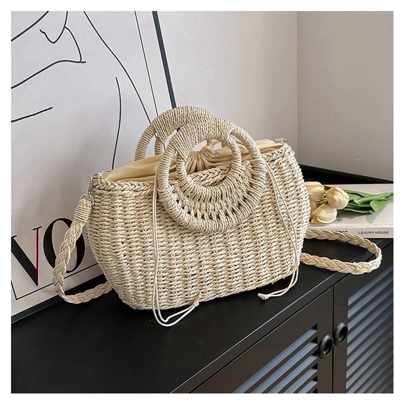 Women's Straw Solid Color Vacation Square String Handbag