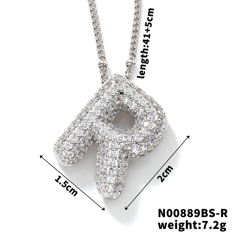 304 Stainless Steel Copper Rhodium Plated Three-dimensional Inlay Letter Zircon Pendant Necklace