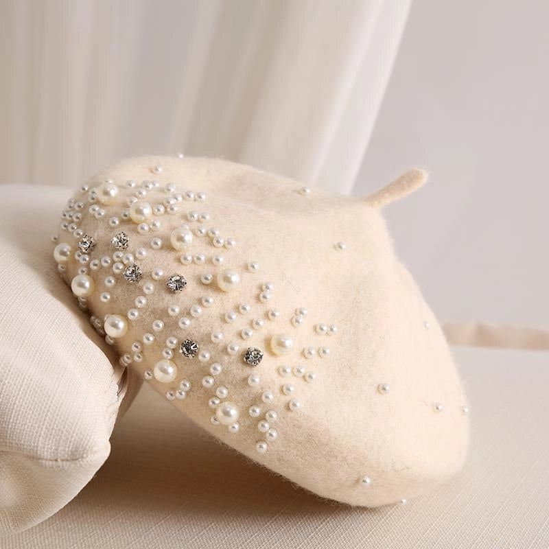 Style Pearl Rhinestone Wool Beret Women's Autumn And Winter British Style Retro Korean Style Japanese Style Western Style Painter Hat